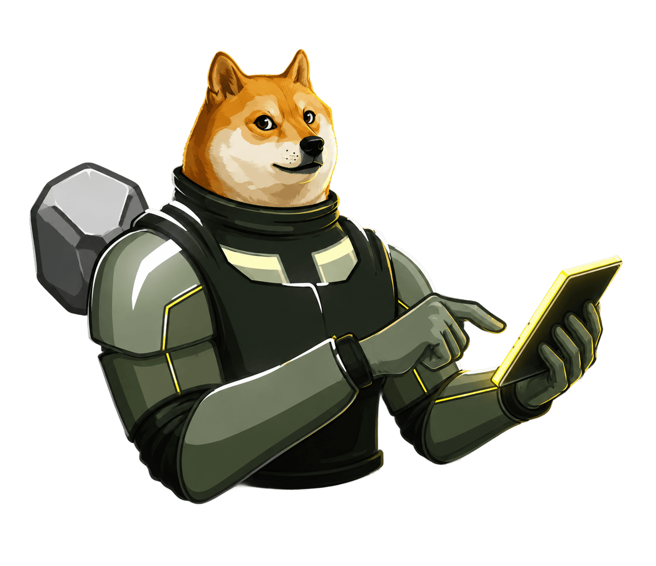 AstroDoge holding a glowing tablet